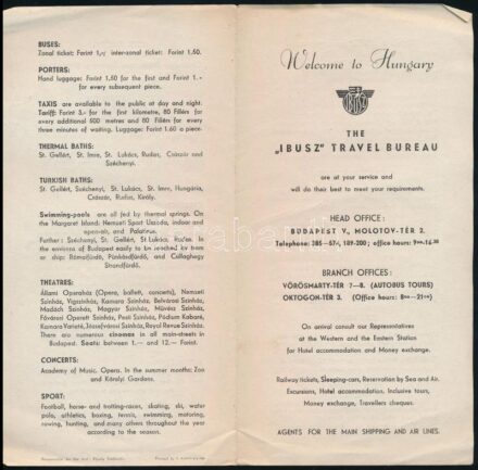 cca 1946 IBUSZ utazási iroda angol nyelvű reklám prospektusa (régi címer, de az árak már forintban), 4 p.