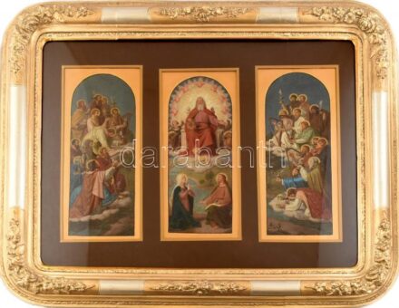 Jelzés nélkül, feltehetően a XIX. sz. végén/XX. sz. elején működött festő: Isten báránya, triptichon. Olaj, karton. Biedermeier stílusú, antik üvegezett fa keretben. 44x19x3 cm