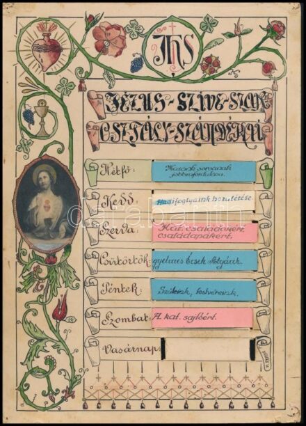 cca 1940 Jézus Szíve Szakosztály szándékai, Kalocsai Papnevelő Intézet, díszes, kézzel rajzolt heti imarend, karton, jelzett (P. Fejes I.), apró lyukakkal, sérülésekkel, foltokkal, 28,5x20,5 cm