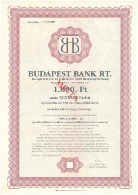 1992. 'Budapest Bank Rt.' osztalék-elsőbbségi részvénye 1.000Ft-ról, 'MINTA' felülbélyegzéssel, 000-ás sorszámmal T:I