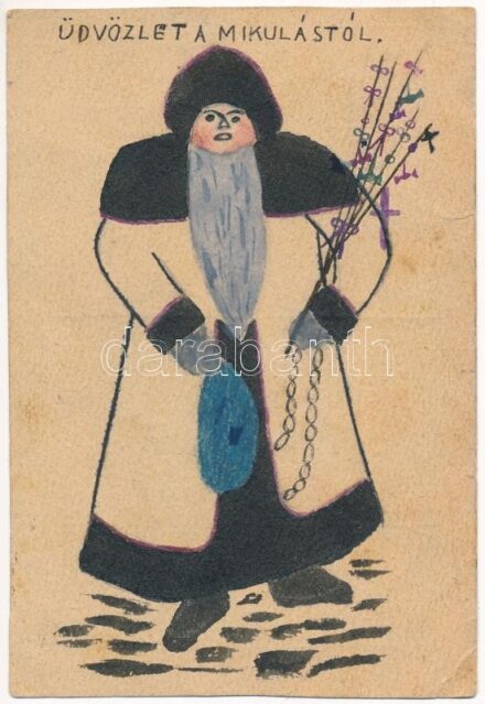 Üdvözlet a Mikulástól! Kézzel rajzolt és színezett egyedi karácsonyi üdvözlőlap / Greetings from Saint Nicholas! Hand-drawn and colored custom-made Christmas greeting art postcard (vágott / cut)