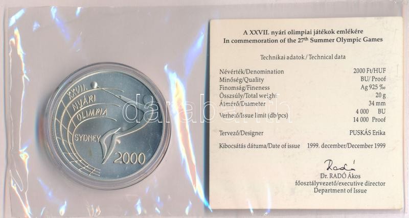 1999. 2000Ft Ag 'XXVII. Nyári Olimpia - Sydney' tanúsítvánnyal T:BU patina Adamo EM162 - Image 2