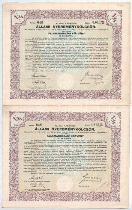 Budapest 1941. '4%-kal kamatozó állami nyereménykölcsön - államadóssági kötvény' 50P-ről (3x) + 100P-ről + 200P-ről, szárazpecséttel, egy kivétellel szelvényekkel T:I--III szakadások