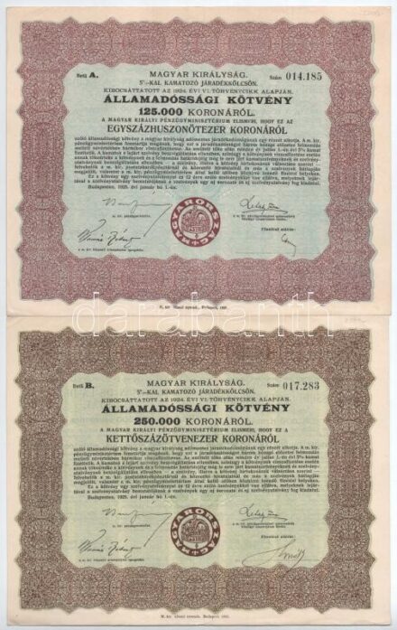 Budapest 1925. 'Magyar Királyság 5%-kal kamatozó Járadékkölcsön Államadóssági Kötvény' 125.000K-ról és 250.000K-ról, szelvényekkel T:II