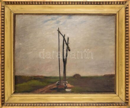 Kollár József (1900 k.-?): Gémeskút, 1926. Olaj, vászon, jelezve jobbra lent, dublírozott, hátoldalán töredékes kiállítási címkével és felirattal (Festette Kollár József, 926 VIII. hó. Címe: Gémeskút. Dr. Kiss Károly, Makó,