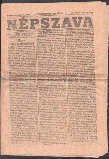 1919 Népszava XLVII. évf. 180. sz., 1919. júl. 30., a Magyar Tanácsköztársaság idejéből, 8 p.