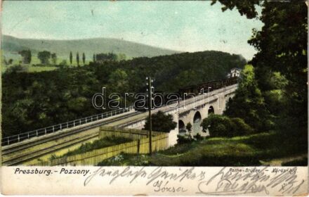 1904 Pozsony, Pressburg, Bratislava; Rothe-Brücke / Vörös híd, vasúti híd, gőzmozdony, vonat. Verlag 'Bediene dich allein' / railway bridge, locomotive, train (EK)
