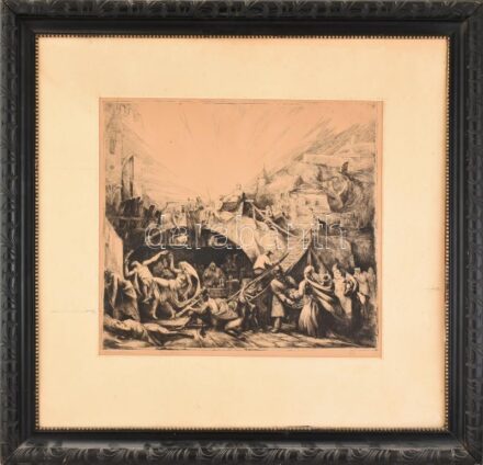 Istókovits Kálmán (1898-1990): Ecce Homo. Rézkarc, papír, jelzett, számozott (20/2), kissé sérült, 45x49cm. Dekoratív fa keretben.
