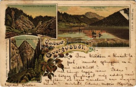 1899 (Vorläufer) Gyergyószentmiklós, Gheorgheni; Üdvözlet Gyergyóból! Sziklaszoros a Zsedán-patak felett, Gyilkos-tó, részlet a Kis-Békás-szorosból. Cziffra Ferenc és fiai kiadása / gorge, mountain pass, lake. Art Nouveau, floral,