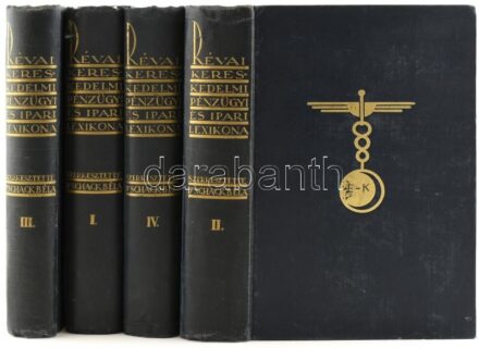 Révai kereskedelmi, pénzügyi és ipari lexikona. I-IV. köt. Szerk.: Schack Béla. Bp., 1929-1931, Révai. Kiadói aranyozott egészvászon-kötés, kissé kopott, sérült, a lapélek foltosak.
