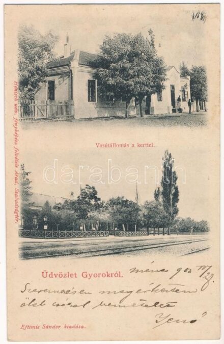 1903 Gyorok, Ghioroc; vasútállomás a kerttel. Honisch udvari fényképész felvétele. Eftimie Sándor kiadása / railway station with the garden (fl)