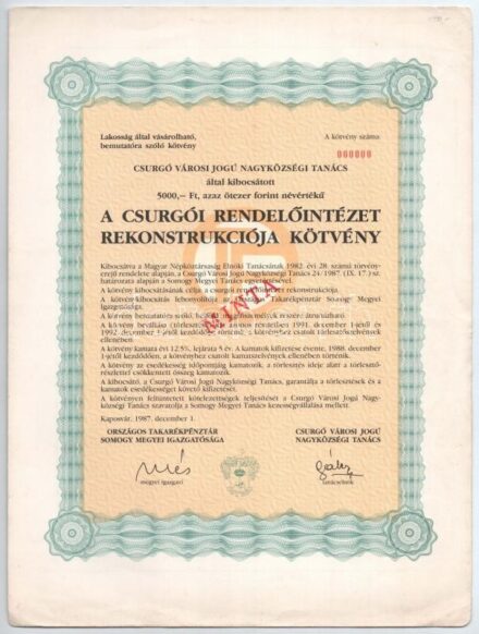 Kaposvár 1987. 'A Csurgói Rendelőintézet Rekonstrukciója Kötvény' 'MINTA' kötvény 5.000Ft-ról + 10.000Ft-ról + 50.000Ft-ról, '000000' sorszámmal, szelvényekkel T:I-