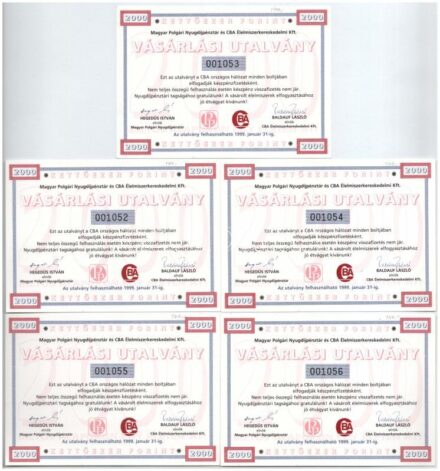 1999. 'Magyar Polgári Nyugdíjpénztár és CBA Élelmiszerkereskedelmi Kft.' vásárlási utalványa 2000Ft-ról (5x) sorszámkövetők T:I