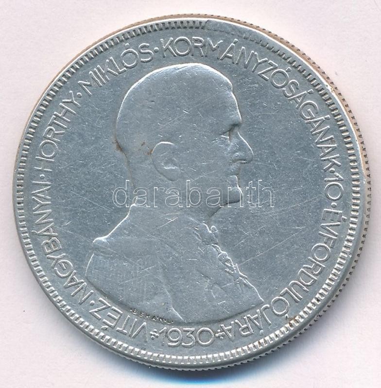 1930. 5P Ag 'Horthy jobbra' T:2- patina, kis ph, ü. Adamo P8