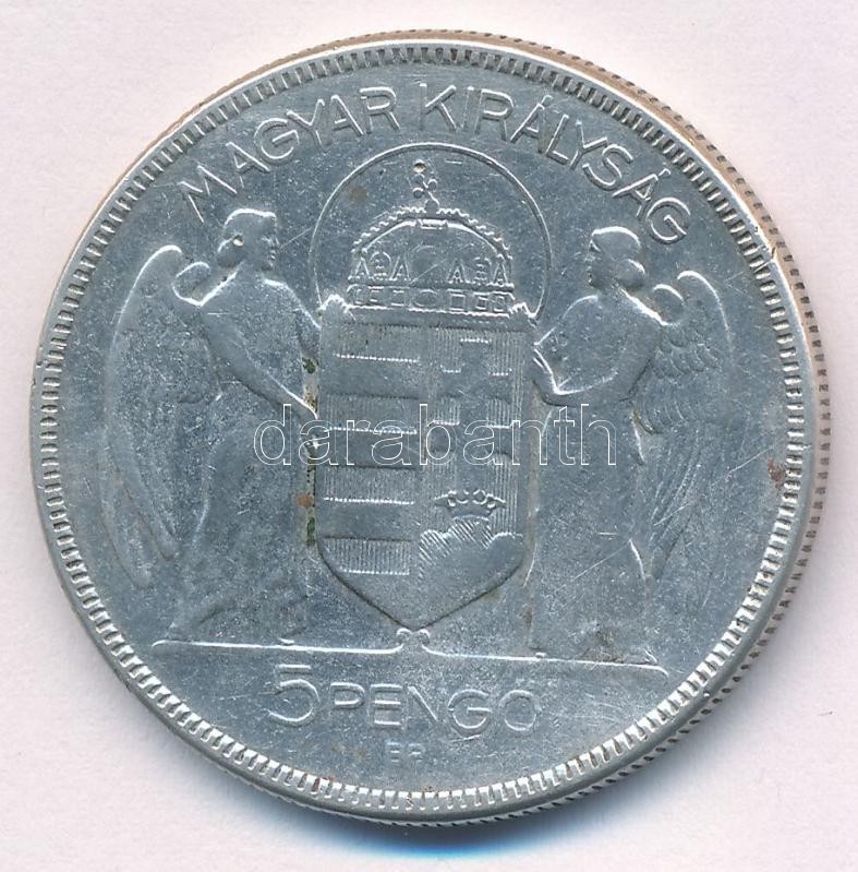 1930. 5P Ag 'Horthy jobbra' T:2- patina, kis ph, ü. Adamo P8 - Image 2