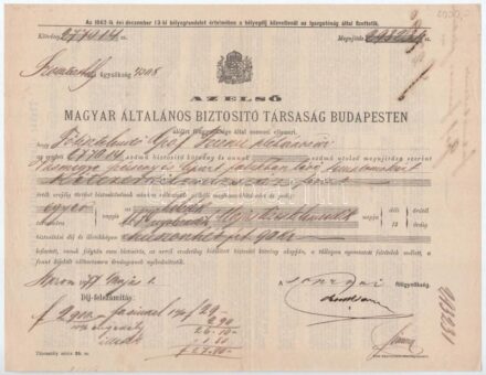 Sopron 1877. 'Az Első Magyar Általános Biztosíró Társaság Budapesten' 2xklf biztosítási kötvénye + Budapest 1935. 'Magyar Élet- és Járadék-biztosító Intézet' biztosítási kötvénye, a 'Tolnai Világlapja' előfizetője számára