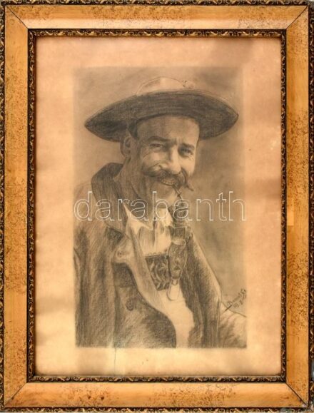 Dániel jelzéssel: Pipázó, 1905. Ceruza, papír, 41x26cm. Üvegezett, sérült fakeretben.