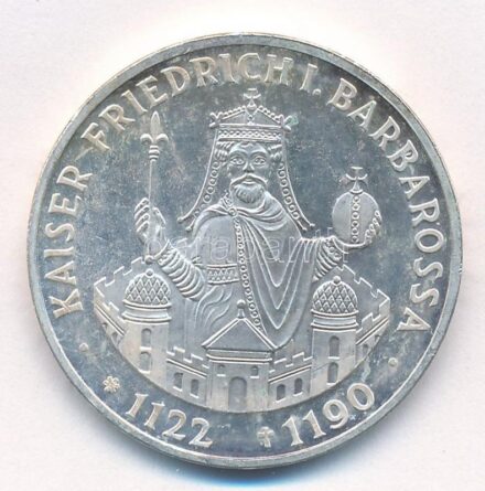 NSZK 1990F 10M Ag 'I. Barbarossa Frigyes' T:1- (PP) patina, kis ph FRG 1990F 10 Mark Ag 'Frederick I Barbarossa' C:AU (PP) patina, small edge error Krause KM#174