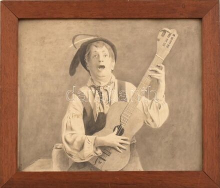 Jelzés nélkül, feltehetően a XX. sz. eleje: Gitározó fiú. Lavírozott tus, papír, 26x32cm, üvegezett fakeretben