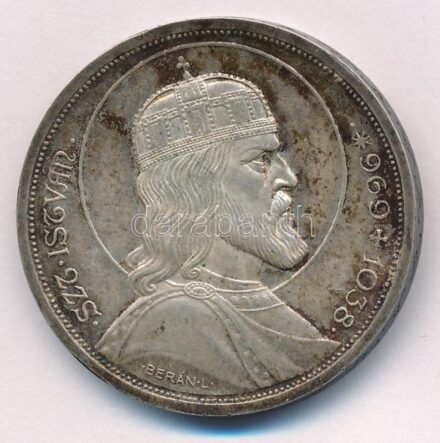 1938. 5P Ag 'Szent István' T:2,2- patina Adamo P8.1