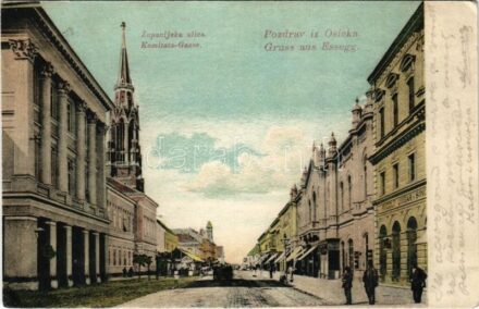 1905 Eszék, Essegg, Osijek; Zupanijska ulica / Komitatsgasse / utca, Rudolf Ungár üzlete / street view, shops (r)