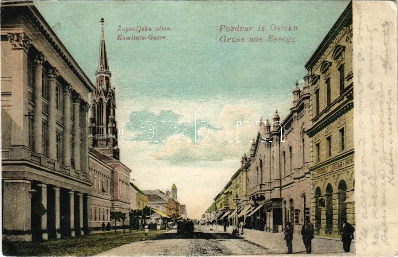 1905 Eszék, Essegg, Osijek; Zupanijska ulica / Komitatsgasse / utca, Rudolf Ungár üzlete / street view, shops (r)