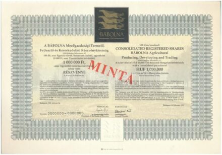 Budapest 1993. 'Bábolna Mezőgazdasági Termelő, Fejlesztő és Kereskedelmi Részvénytársaság' kitöltetlen, névre szóló részvénye 1.000.000Ft-ról, magyar és angol nyelven, 'MINTA' felülbélyegzéssel, 000-ás sorszámmal,