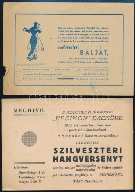 1940-1965 Vegyes meghívó tétel, 4 db: Keszthelyi Agrártudományi Főiskola Tanácsának sárgulási ünnepségének, Kőszegi MÁV Nevelőintézet farsangi báljának, Kőszeg város Önkéntes Tüzoltó Egyesületének szilveszteri