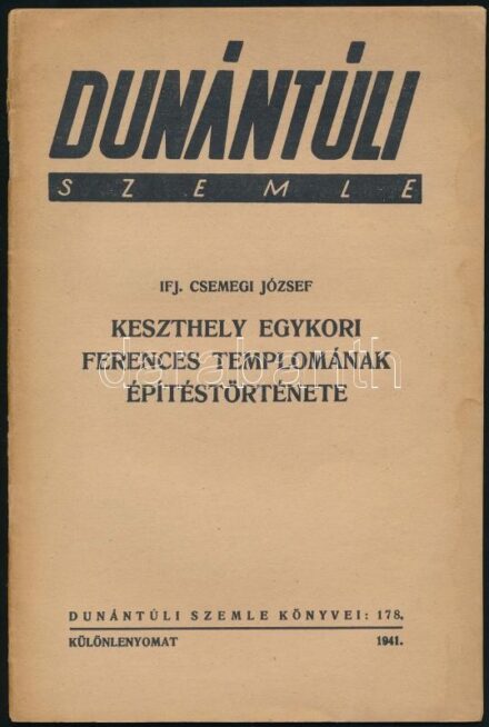 Ifj. Csemegi József: Keszthely egykori ferences templomának építéstörténete. Különlenyomat a Dunántúli Szemléből. Szombathely, 1941., Vasvármegyei Múzeum, 32 p. Fekete-fehér szövegközti fotókkal. Kiadói papírkötés.