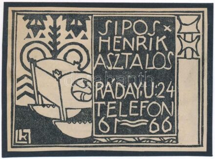 cca 1910 Kozma Lajos (1884-1948): 'Sipos Henrik Asztalos. Ráday u. 24. Telefon 61-66.', reklám grafika, papír, klisé, jelzett a dúcon, kartonra kasírozva, 7x9 cm