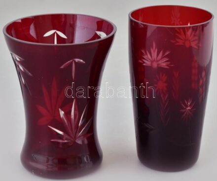 2db bordó csiszolt üveg, váza, hibátlan, m:11-12cm