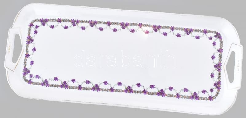 Régi cseh szendvicses tál, részben kézzel festett, jelzett, kopott, 40x17cm