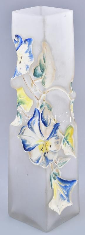Régi Art Deco üveg váza, kézzel festett, üveg, kopott, m:27cm