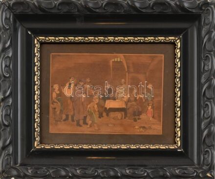 Bezdány József (1900 k.-?), Munkácsy Mihály után: Siralomház, 1932 körül. Festett intarzia, fa, jelzett, 13x18,5cm. Dekoratív, korabeli sérült, üvegezett fa keretben. Hátoldalán korabeli újságcikkel, amely hírt ad Bezdány makói