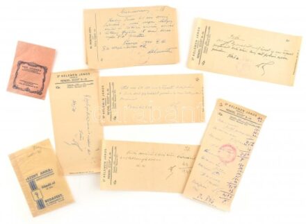 cca 1943-1947 Vegyes orvosi vény tétel, 8 db, Jolsva (Demeter Géza), Kaposvár (Kelemen János.) + Valamint 2 db gyógyszeres tasak: Bp., Szent József és Szent Anna gyógyszertárak, 10x7 cm és 13x8 cm