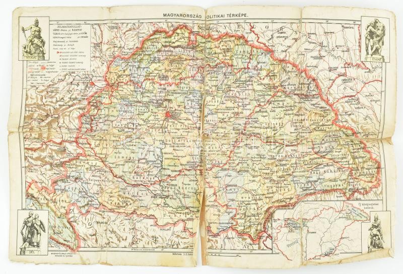 cca 1921 Magyarország politikai térképe. Nagy-Magyarország és az új közigazgatási határok, sarkainál a Trianon-szoborcsoporttal. 1 : 2.500.000. Magyar Földrajzi Intézet Rt., foltos, sérült, javított, 40x27,5 cm
