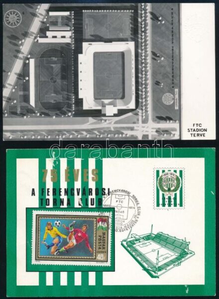 cca 1970-1974 FTC stadion terve, fotólap, 15x9,5 cm + 75 éves a Ferencvárosi Torna Club, emléklap, Üllői úti Stadion (később Albert Flórián Stadion) avató mérkőzés alkalmi bélyegzéssel, hátoldalán sokszorosított aláírásokkal,