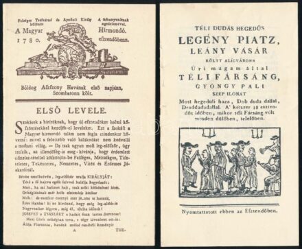 [Pálóczi Horváth Ádám]: Téli dudás hegedűs legény piatz, leány vásár, reprint, 8 sztl. lev. + Magyar Hírmondó 1780. január 1., reprint, Bp.,OSZK, 12 sztl. lev.