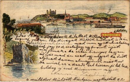 1899 (Vorläufer) Pozsony, Pressburg, Bratislava; Ezredéves Országos Kiállítás, Dévényi vár, gőzhajók / Devín castle, steamships, general view. Hungarian Millennium Exhibition, floral litho s: Morelli, Dörre T. + barna 2 Kr. Ga.
