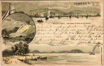 1899 (Vorläufer) Balaton vidéke, Balatonfüred, Zalai part, Tihany. Pesti Könyvnyomda Rt. Ezredéves Országos Kiállítás barna 2 Kr. Ga. litho s: Dörre T. (ragasztónyom / glue marks)