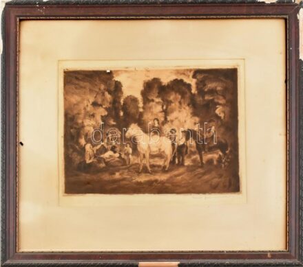 Prihoda István (1891-1956) - Iványi Grünwald Béla (1867-1940): Találkozás. Rézkarc, papír, jelzett, 28,5×39,5 cm. Dekoratív korabeli, sérült üvegezett fakeretben.