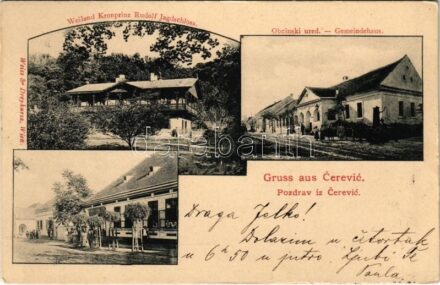 1903 Cserög, Cserevics, Cerevic; Weiland Kronprinz Rudolf Jagdschloss, Gemeindehaus / Rudolf főherceg vadászkastélya, Községháza, üzlet. Weiss & Dreykursz kiadása / hunting lodge, castle, town hall, shop + kétnyelvű bélyegző /