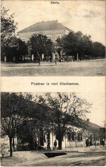 Újszalánkamén, Novi Slankamen; Skola / iskola, üzlet / school, shop (apró lyuk / tiny pinhole)