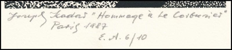 Joseph Kádár (1936-2019): Hommage a Le Corbusier, 1987. Szitanyomat, papír, jelzett, művészpéldány E.A. 6/10 számozással. Hátoldalon a művész pecsétjével. 13,5x13,5 cm - Image 2