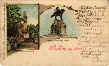 1899 Zenta, Senta; Szentháromság szobor, Eugen (Jenő) főherceg szobra. Kiadja Straub Ödön, Rigler rt. Újévi üdvözlettel / Holy Trinity statue, Archduke Eugen of Austria statue, New Year greeting. Art Nouveau, litho (EK)