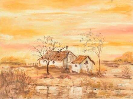 Szabó László (?-): Reggel a tanyán. Olaj, farost, jelzett, jobb felső sarkában sérült, 30×40 cm.