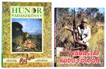 2 db vadászkönyv: Magyar Ferenc: Vadászat Kudu-földön. Afrikai vadásznapok. Bp., 1989, Béta. Gazdag képanyaggal illusztrált. Kiadói kartonált papírkötés, kiadói papír védőborítóban. + Hunor vadászkönyv. Főszerk.: Zoltán