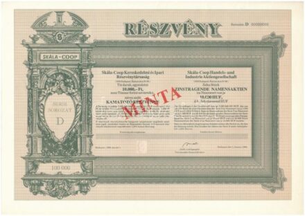 Budapest 1989. 'Skála-Coop Kereskedelmi és Ipari Részvénytársaság' kitöltetlen, névre szóló részvénye, magyar és angol nyelven, 'MINTA' felülbélyegzéssel, 000-ás sorszámmal, szelvényekkel T:I