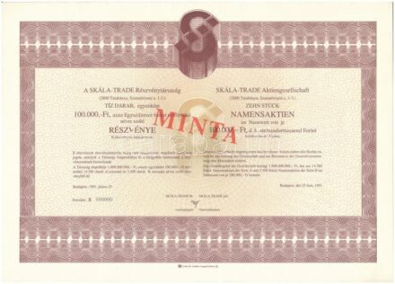 Budapest 1991. 'A SKÁLA-TRADE Részvénytársaság' kitöltetlen, névre szóló részvénye, magyar és német nyelven, 'MINTA' felülbélyegzéssel, 000-ás sorszámmal, szelvényekkel T:I