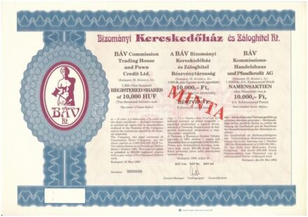 Budapest 1992. 'Bizományi Kereskedőház és Záloghitel Rt.' kitöltetlen, névre szóló részvénye, magyar, angol és német nyelven, 'MINTA' felülbélyegzéssel, 000-ás sorszámmal, szelvényekkel T:I